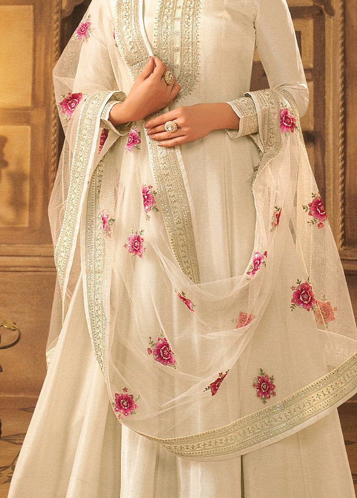 3 Pc Cream Semi Stitched Silk Suit Set - Indian Silk House Agencies