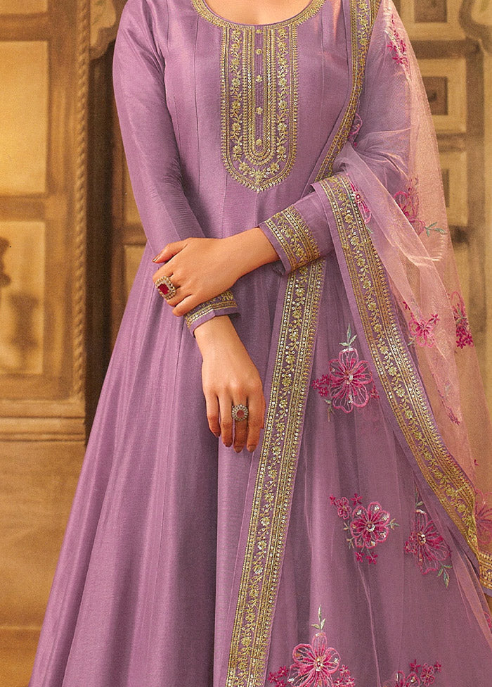 3 Pc Violet Semi Stitched Silk Suit Set - Indian Silk House Agencies