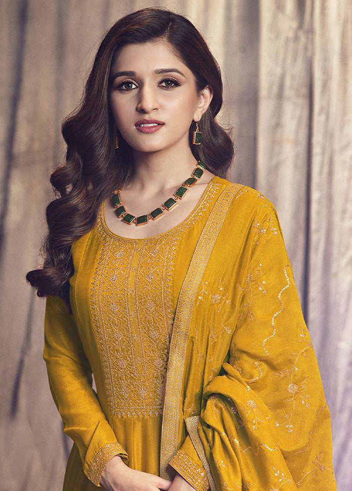 3 Pc Yellow Semi Stitched Silk Suit Set - Indian Silk House Agencies