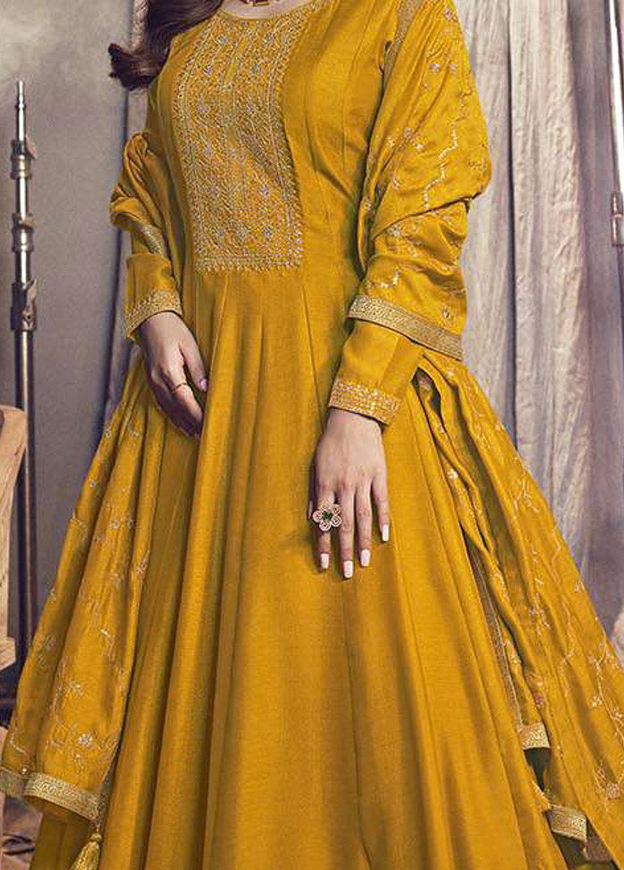 3 Pc Yellow Semi Stitched Silk Suit Set - Indian Silk House Agencies