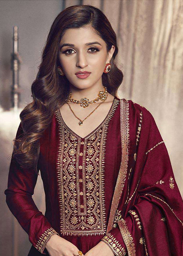 3 Pc Maroon Semi Stitched Silk Suit Set - Indian Silk House Agencies