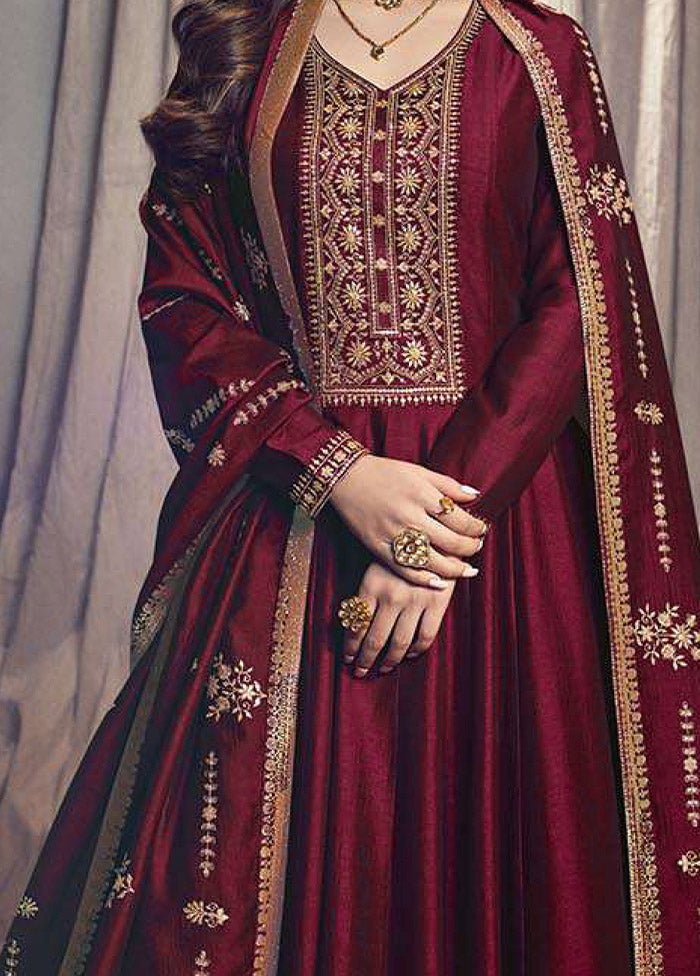 3 Pc Maroon Semi Stitched Silk Suit Set - Indian Silk House Agencies