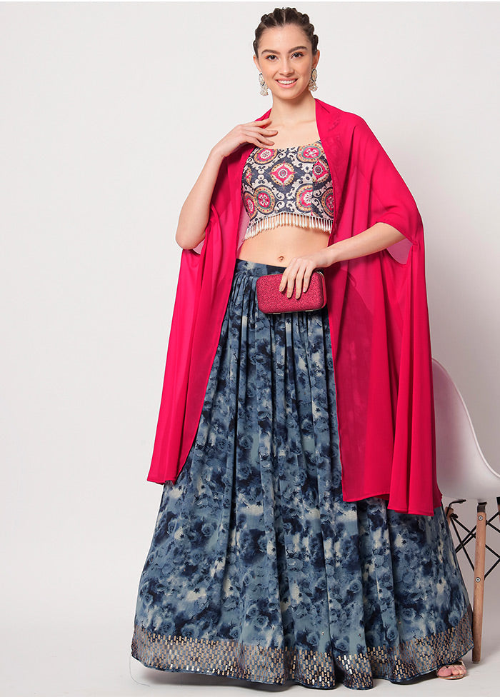 3 Pc Navy Blue Silk Semi Stitched Lehenga Set - Indian Silk House Agencies