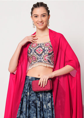 3 Pc Navy Blue Silk Semi Stitched Lehenga Set - Indian Silk House Agencies