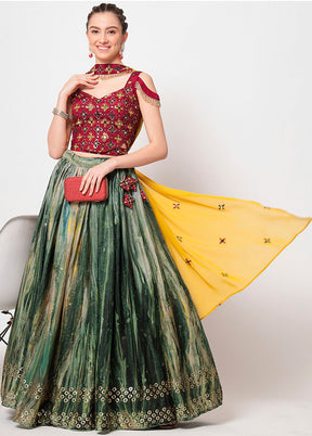 3 Pc Green Silk Semi Stitched Lehenga Set - Indian Silk House Agencies