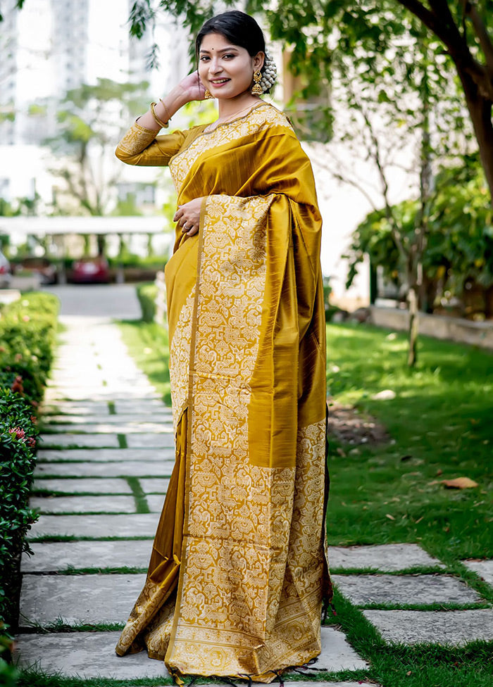 Yellow Spun Silk Saree With Blouse Piece - Indian Silk House Agencies