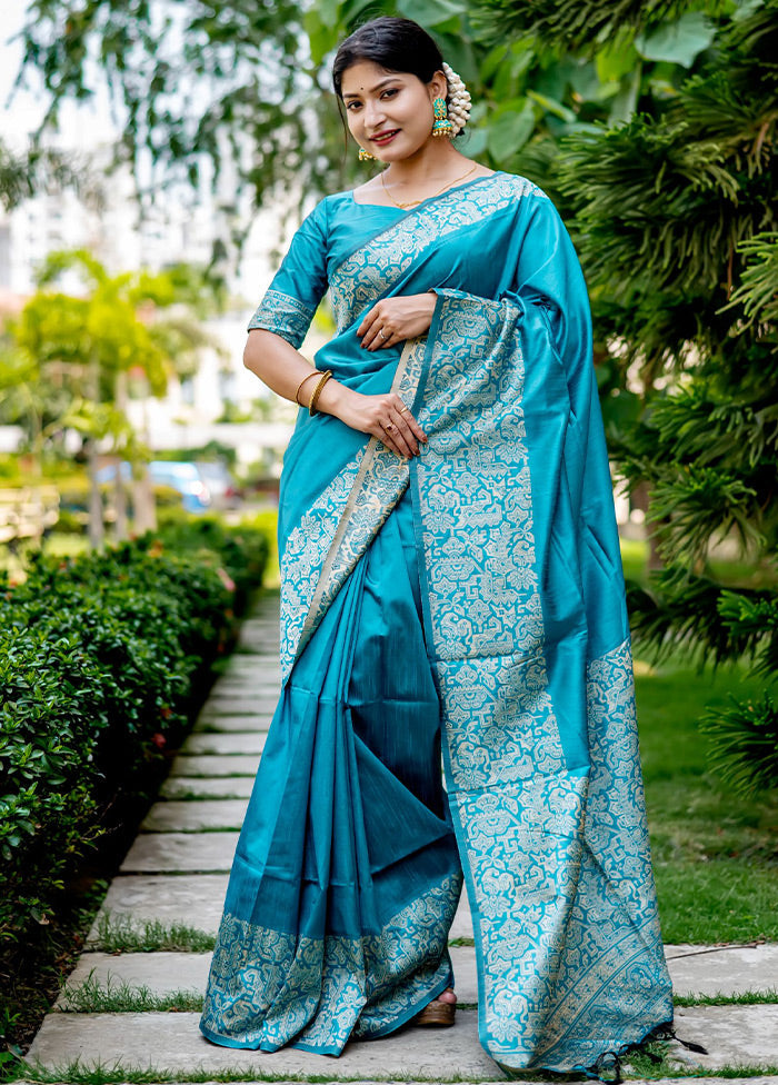 Turquoise Spun Silk Saree With Blouse Piece - Indian Silk House Agencies