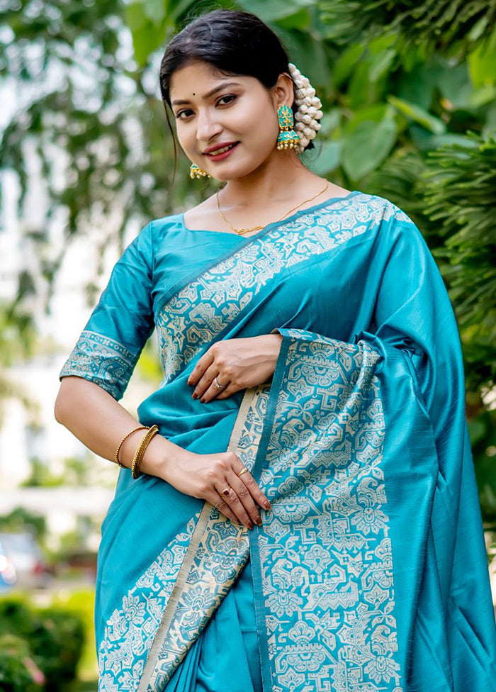 Turquoise Spun Silk Saree With Blouse Piece - Indian Silk House Agencies