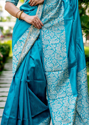 Turquoise Spun Silk Saree With Blouse Piece - Indian Silk House Agencies