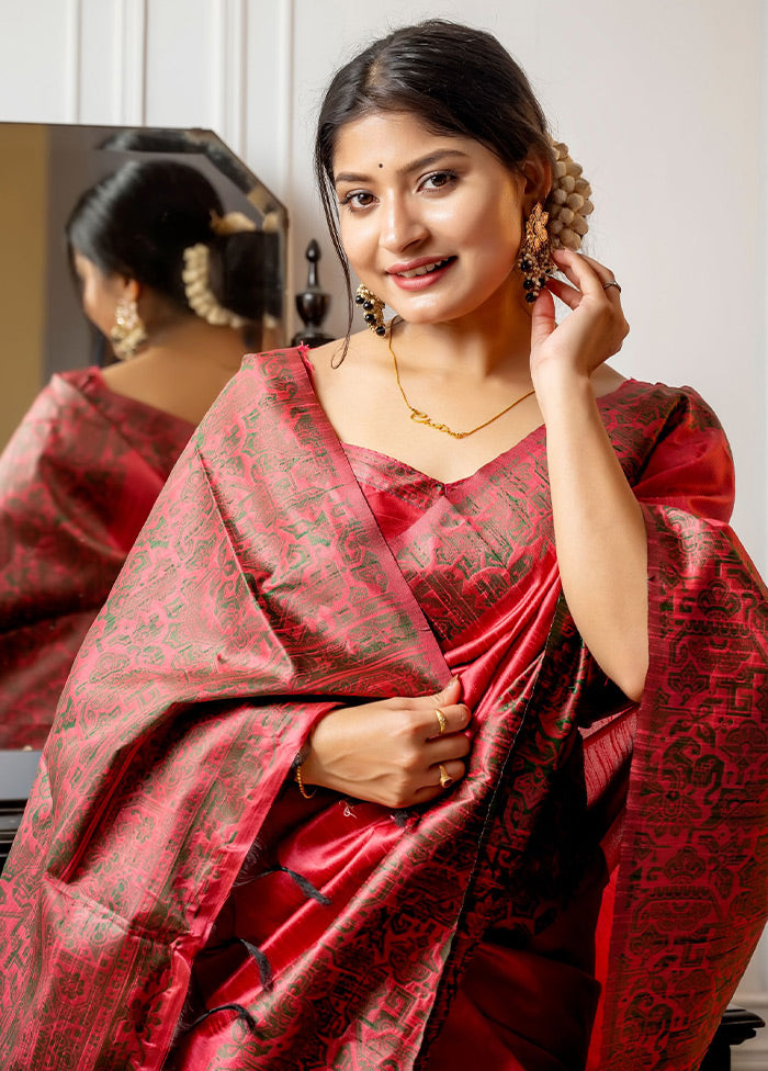 Red Spun Silk Saree With Blouse Piece - Indian Silk House Agencies