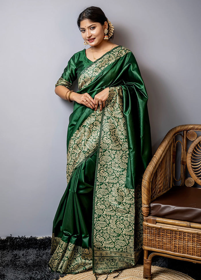 Green Spun Silk Saree With Blouse Piece - Indian Silk House Agencies