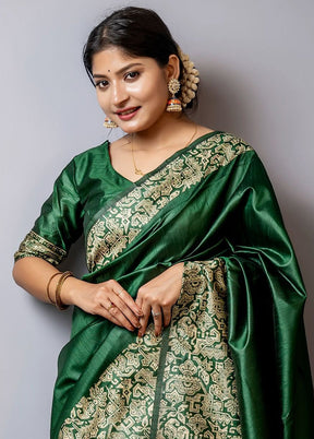 Green Spun Silk Saree With Blouse Piece - Indian Silk House Agencies