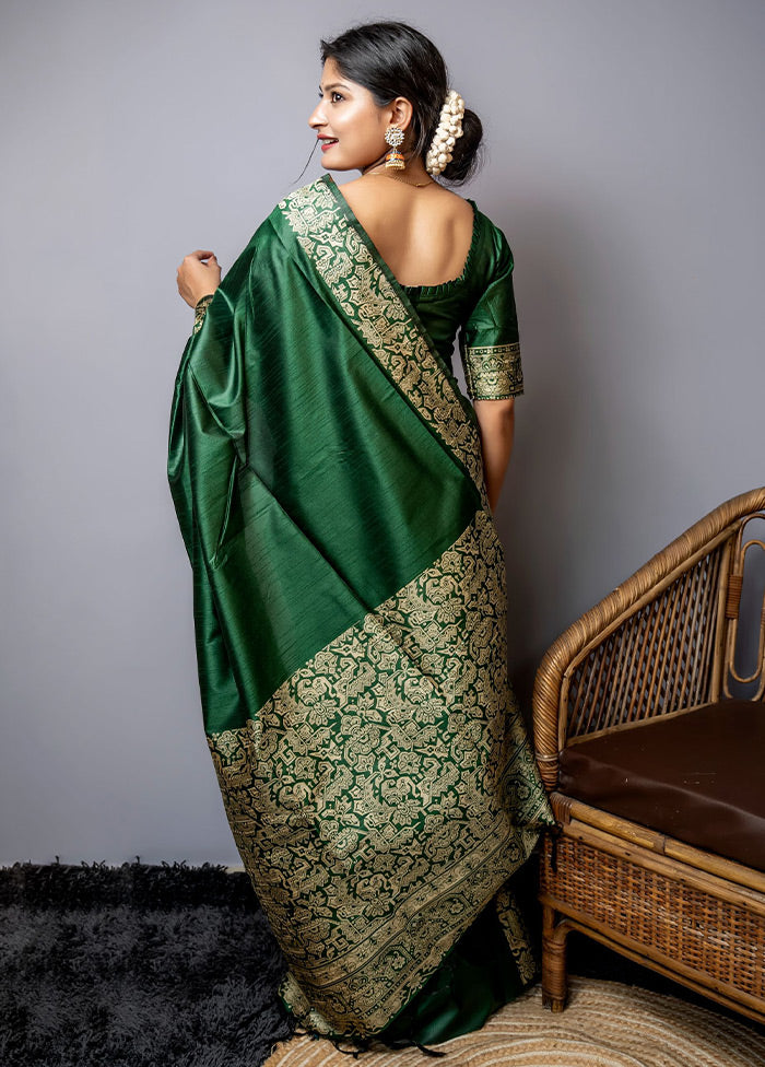 Green Spun Silk Saree With Blouse Piece - Indian Silk House Agencies