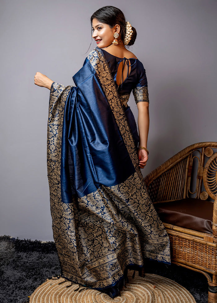 Navy Blue Spun Silk Saree With Blouse Piece - Indian Silk House Agencies