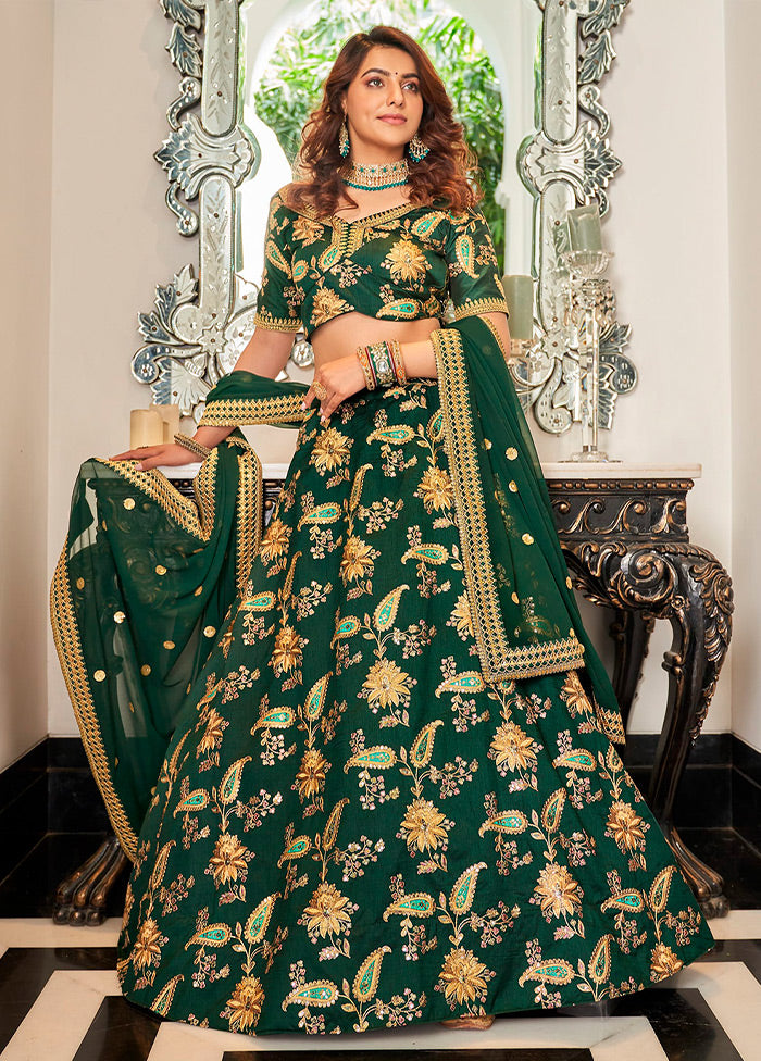 3 Pc Green Silk Semi Stitched Lehenga Set - Indian Silk House Agencies