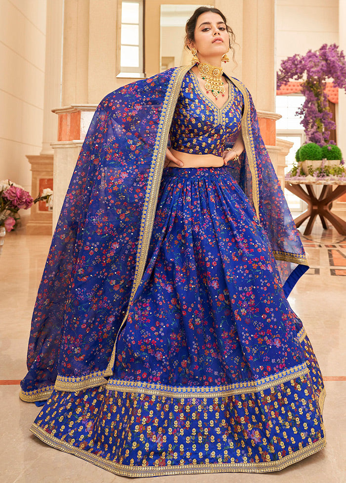 3 Pc Blue Net Semi Stitched Lehenga Set - Indian Silk House Agencies