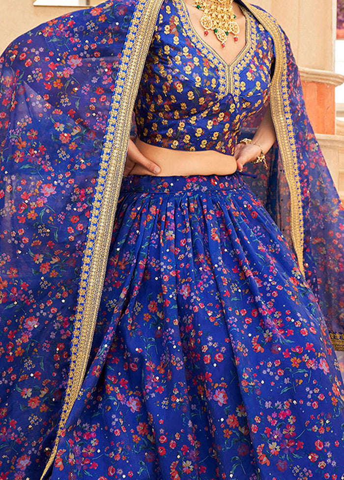 3 Pc Blue Net Semi Stitched Lehenga Set - Indian Silk House Agencies