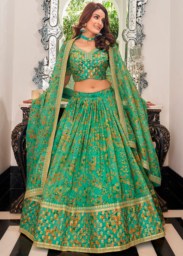 3 Pc Pista Green Net Semi Stitched Lehenga Set - Indian Silk House Agencies