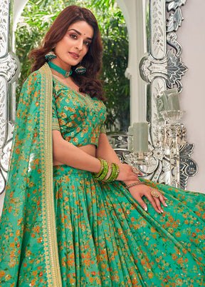 3 Pc Pista Green Net Semi Stitched Lehenga Set - Indian Silk House Agencies