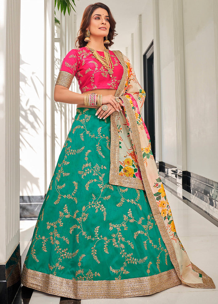 3 Pc Green Silk Semi Stitched Lehenga Set - Indian Silk House Agencies