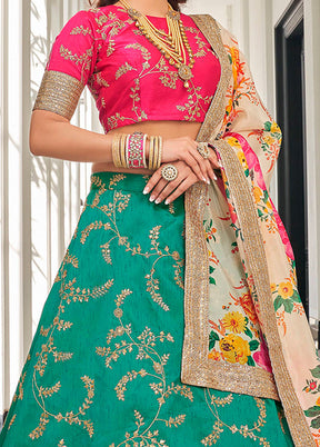 3 Pc Green Silk Semi Stitched Lehenga Set - Indian Silk House Agencies