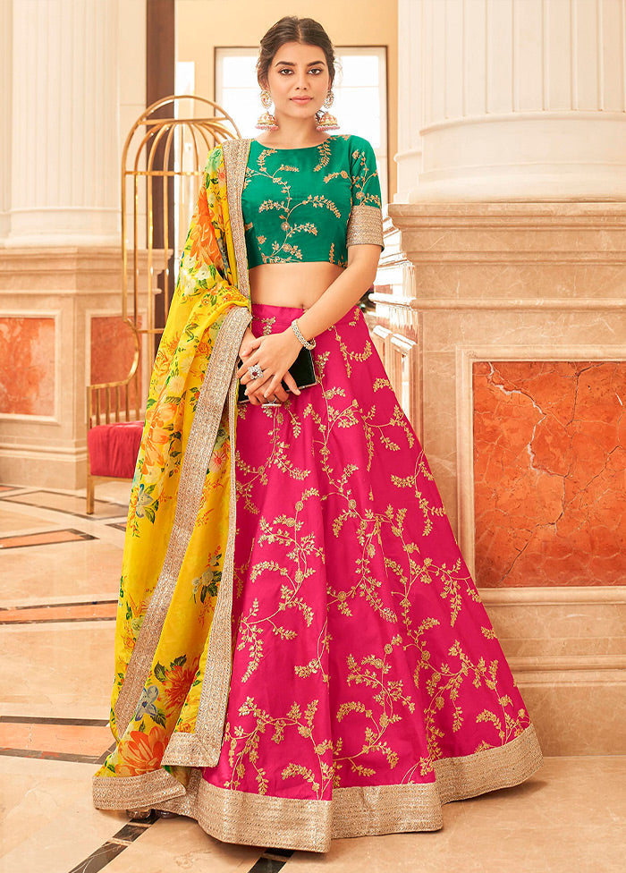 3 Pc Pink Silk Semi Stitched Lehenga Set - Indian Silk House Agencies