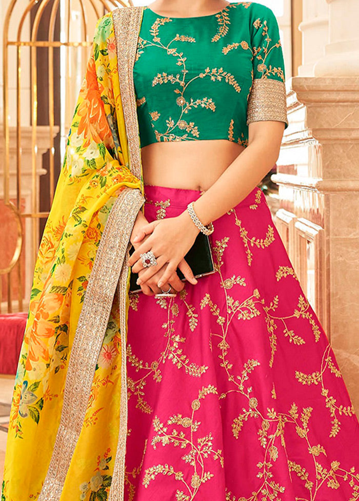 3 Pc Pink Silk Semi Stitched Lehenga Set - Indian Silk House Agencies