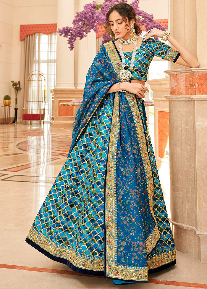 3 Pc Blue Silk Semi Stitched Lehenga Set - Indian Silk House Agencies