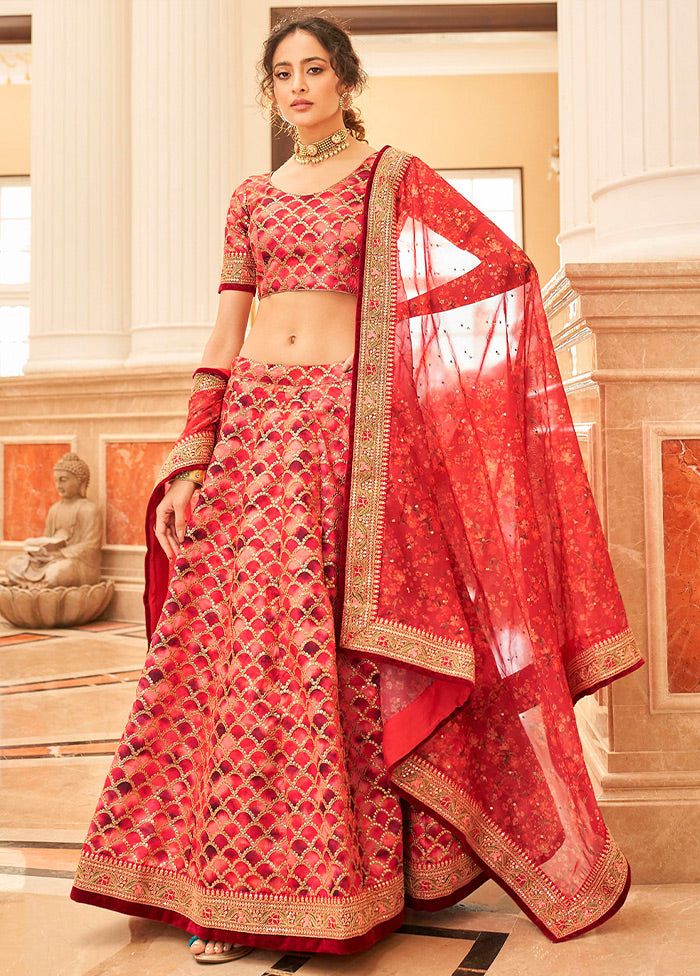 3 Pc Red Silk Semi Stitched Lehenga Set - Indian Silk House Agencies