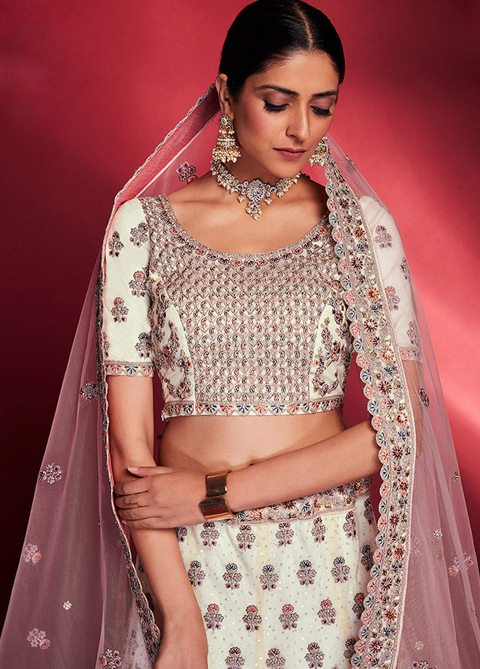 3 Pc White Silk Semi Stitched Lehenga Set - Indian Silk House Agencies