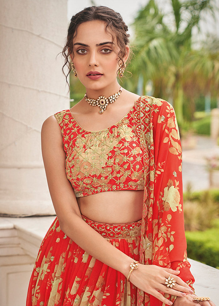 3 Pc Red Georgette Semi Stitched Lehenga Set - Indian Silk House Agencies