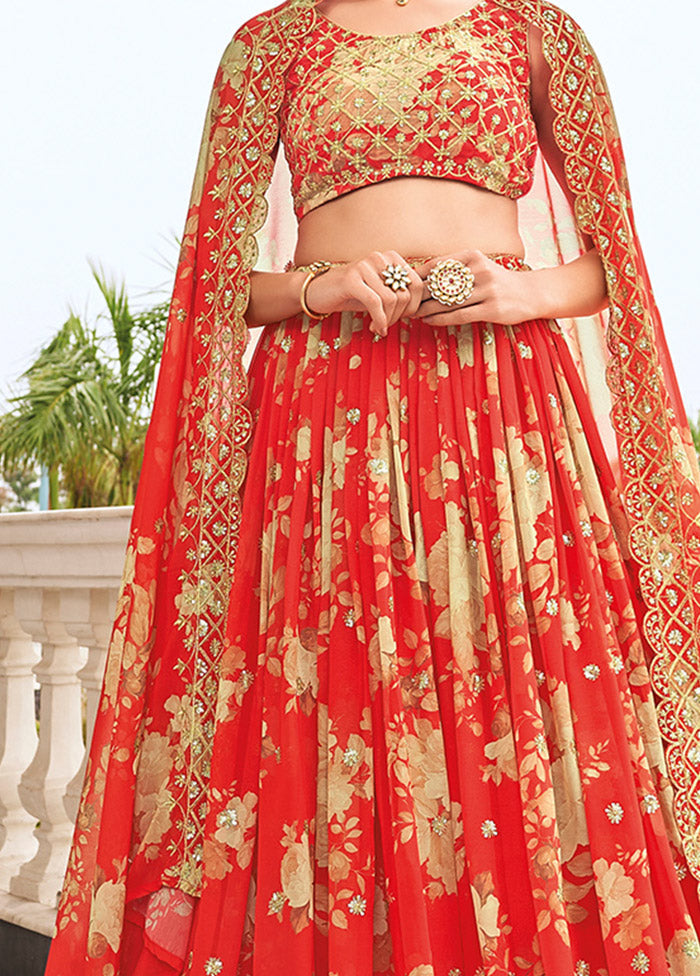 3 Pc Red Georgette Semi Stitched Lehenga Set - Indian Silk House Agencies