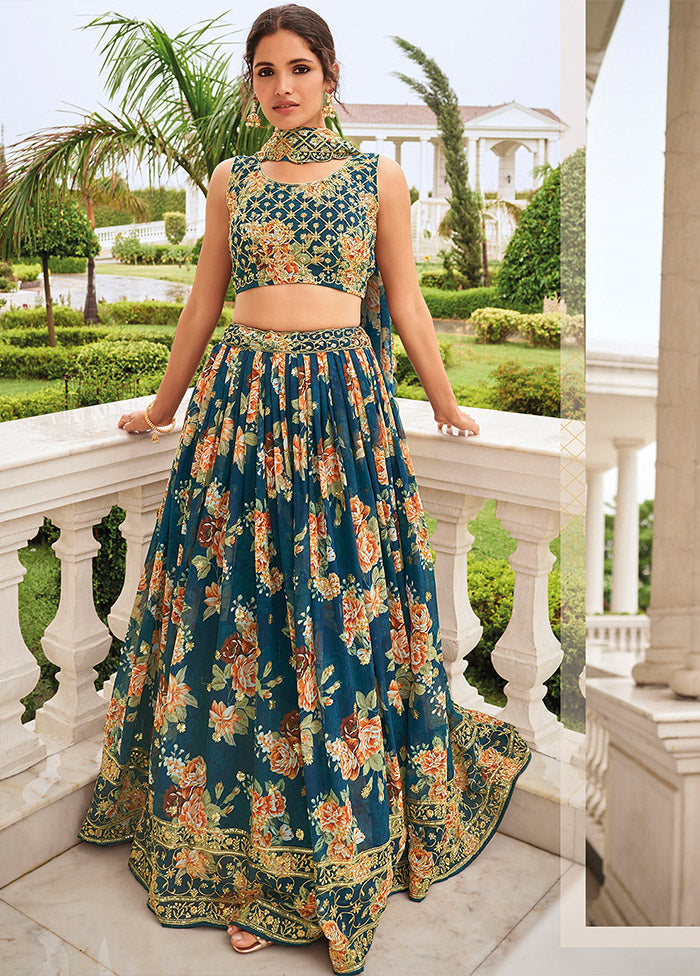 3 Pc Teal Georgette Semi Stitched Lehenga Set - Indian Silk House Agencies