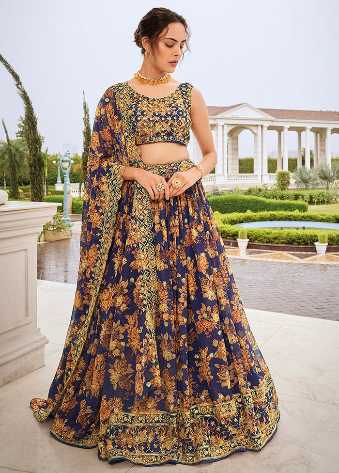 3 Pc Blue Georgette Semi Stitched Lehenga Set - Indian Silk House Agencies