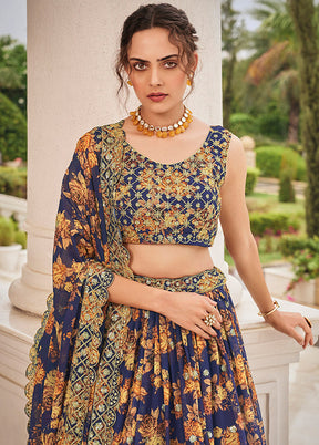 3 Pc Blue Georgette Semi Stitched Lehenga Set - Indian Silk House Agencies