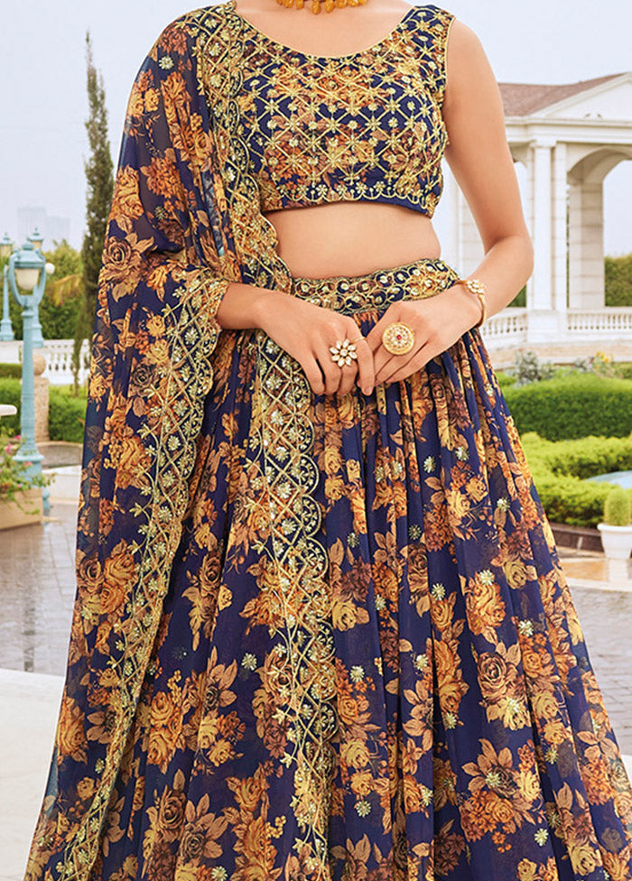 3 Pc Blue Georgette Semi Stitched Lehenga Set - Indian Silk House Agencies