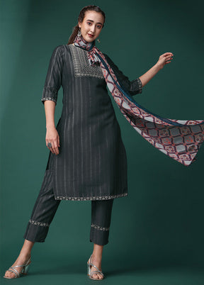 3 Pc Grey Readymade Silk Suit Set - Indian Silk House Agencies