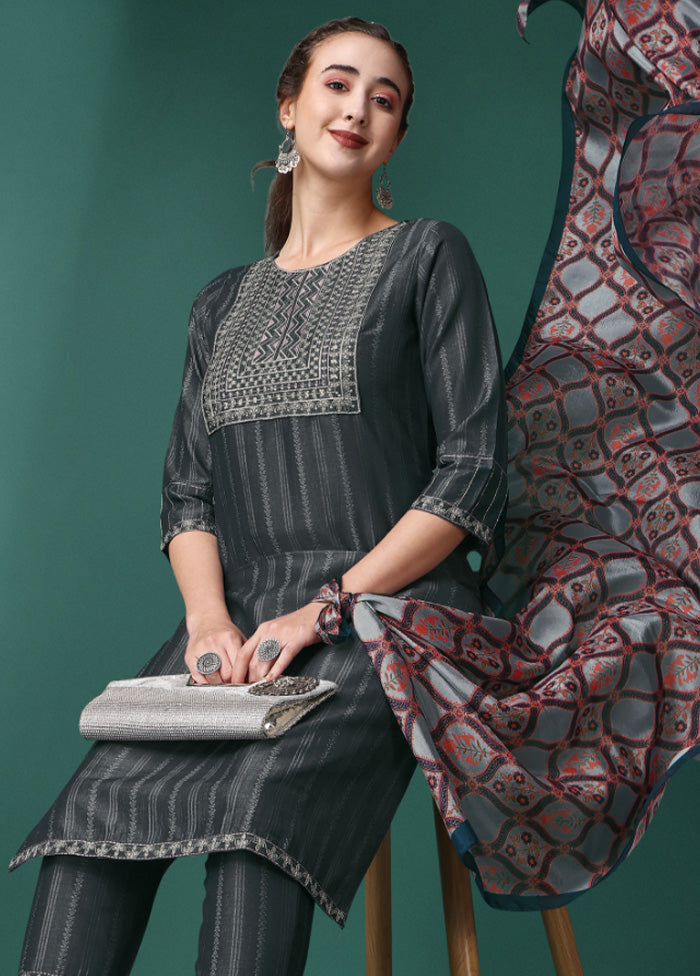 3 Pc Grey Readymade Silk Suit Set - Indian Silk House Agencies