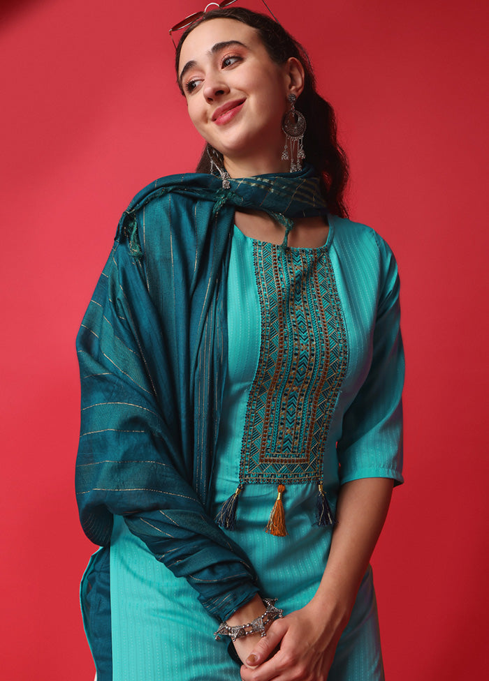 3 Pc Sky Blue Readymade Viscose Suit Set - Indian Silk House Agencies