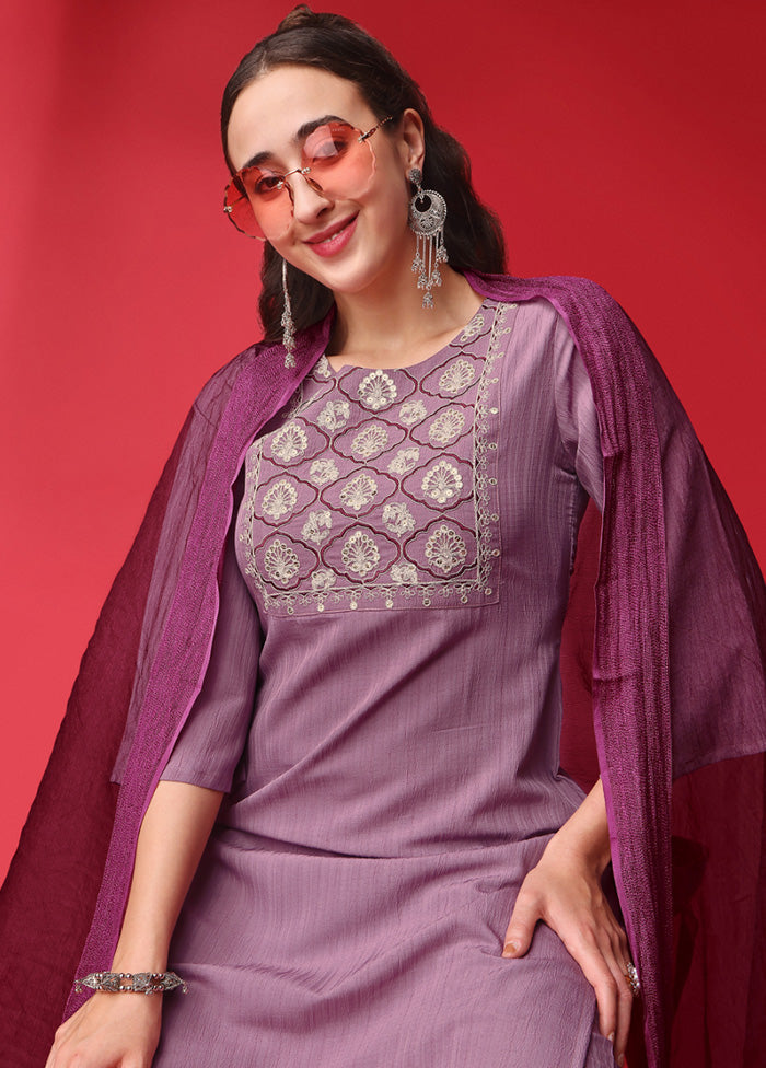 3 Pc Purple Readymade Silk Suit Set - Indian Silk House Agencies