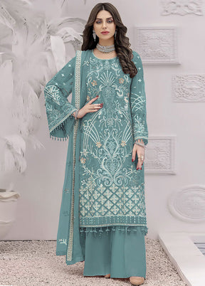 3 Pc Blue Unstitched Georgette Suit Set - Indian Silk House Agencies