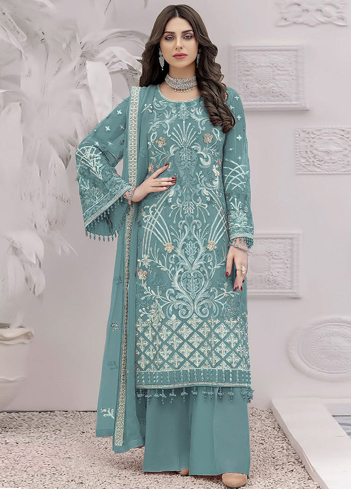 3 Pc Blue Unstitched Georgette Suit Set - Indian Silk House Agencies