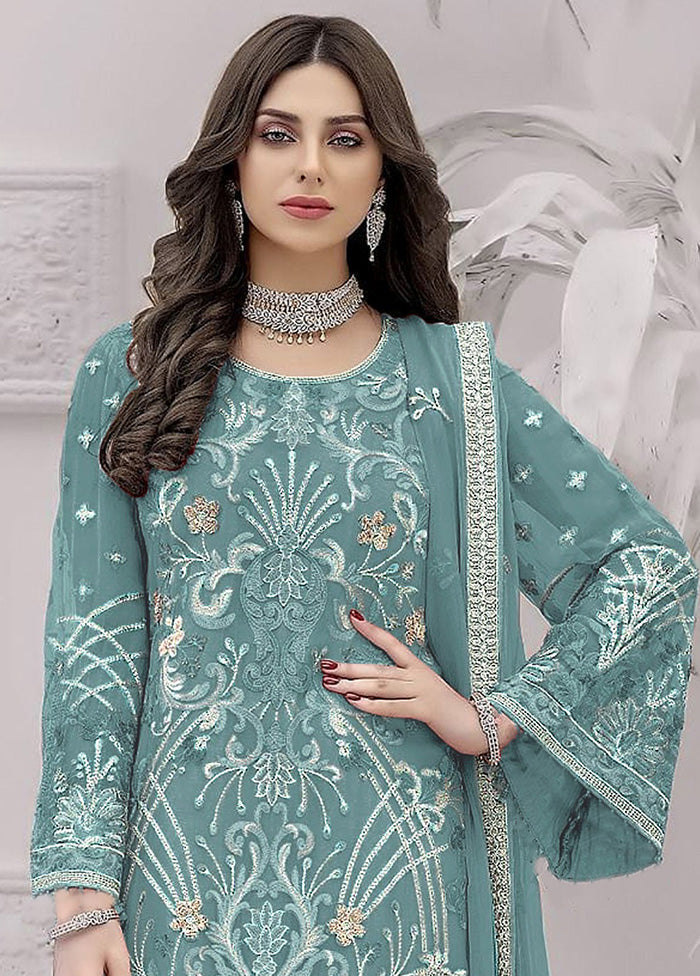 3 Pc Blue Unstitched Georgette Suit Set - Indian Silk House Agencies