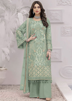 3 Pc Green Unstitched Georgette Suit Set - Indian Silk House Agencies