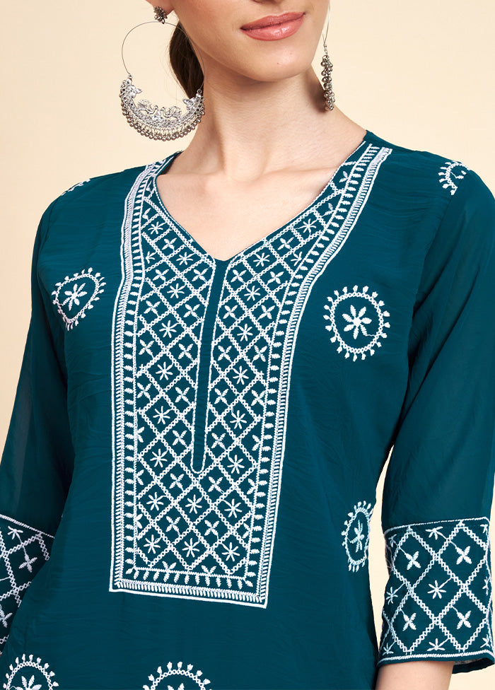 Teal Blue Readymade Georgette Kurti