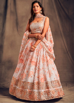 3 Pc White Net Semi Stitched Lehenga Set - Indian Silk House Agencies