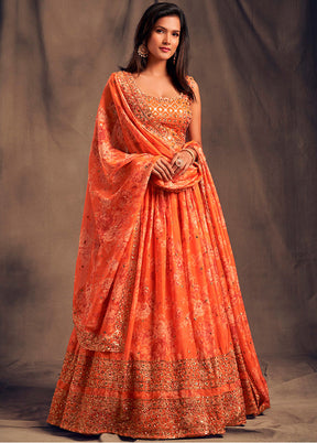 3 Pc Orange Net Semi Stitched Lehenga Set - Indian Silk House Agencies