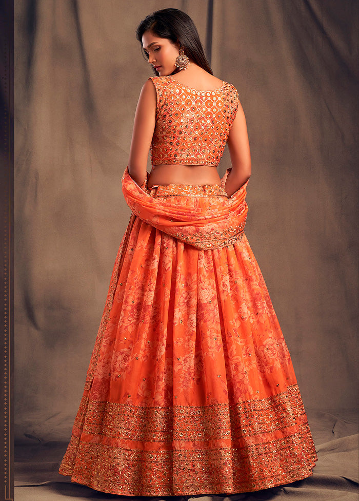 3 Pc Orange Net Semi Stitched Lehenga Set - Indian Silk House Agencies