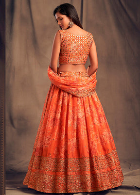 3 Pc Orange Net Semi Stitched Lehenga Set - Indian Silk House Agencies