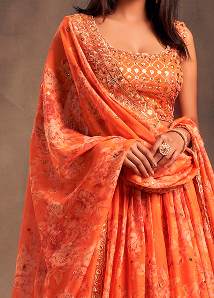 3 Pc Orange Net Semi Stitched Lehenga Set - Indian Silk House Agencies